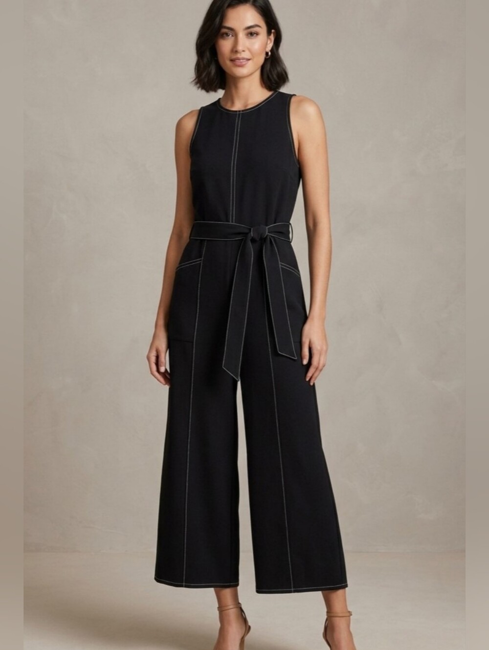 Greylin Anthropologie Sleeveless Black Wide-Leg Jumpsuit Tie Belt, XS